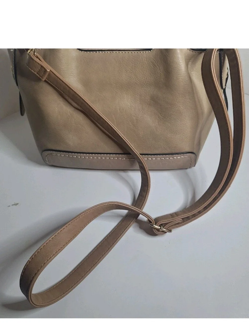 Simply Noelle Medium Beige And Tan Faux Leather Satchel Crossbody No Top Handles